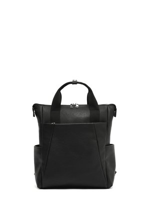 Black leather backpack with dual handles, front zippered pocket, and angular side pockets. Smooth texture and minimalist design.