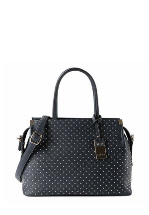 Zwarte leren handtas met dubbele handgrepen, afneembare schouderriem en kleine zilveren studs in een rasterpatroon.