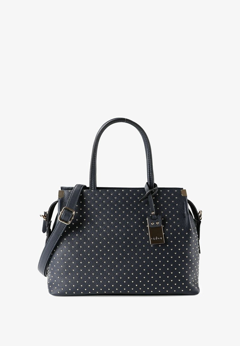 Sac à main en cuir noir avec doubles poignées, bandoulière amovible, et petits clous argentés disposés en motif quadrillé.