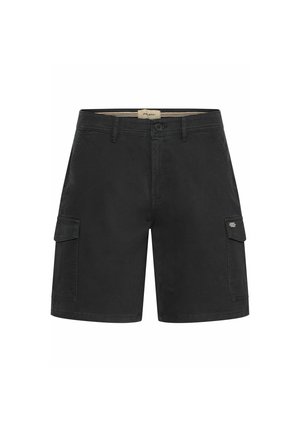 Črne cargo kratke hlače iz bombaža, z dvema stranskima žepoma, gumbom za zapiranje in kontrastnimi šivi.