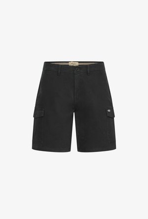 Črne cargo kratke hlače iz bombaža, z dvema stranskima žepoma, gumbom za zapiranje in kontrastnimi šivi.