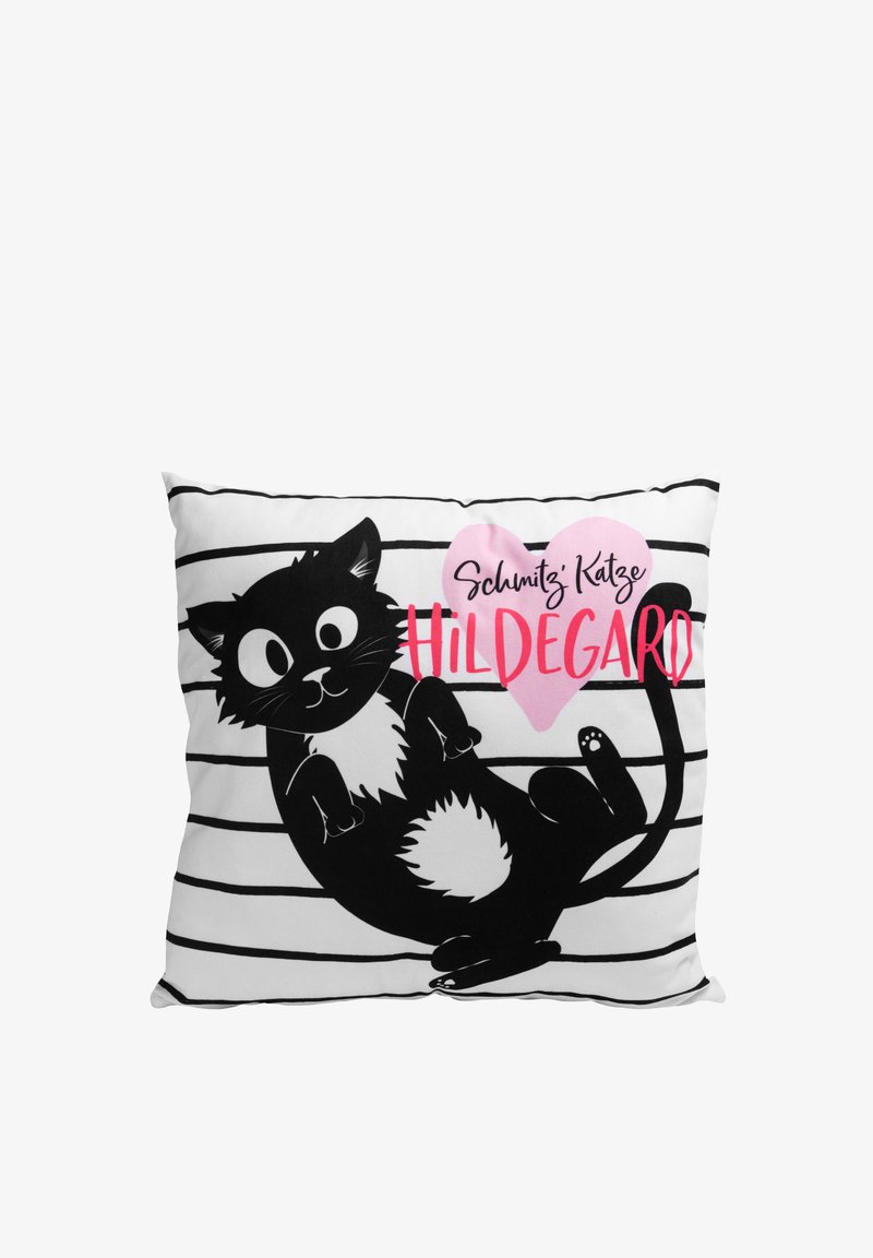 Square pillow featuring a black cartoon cat with white fur accents, on a white background with black horizontal stripes and pink heart graphic.