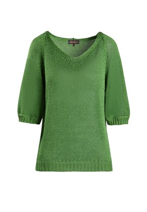 Green knitted sweater with a V-neck, short sleeves, and ribbed cuffs and hem. The texture is smooth with a consistent, lightweight pattern.