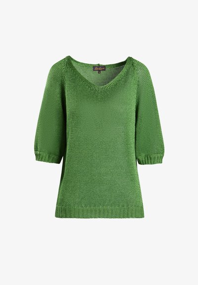 Grön stickad tröja med V-hals, korta ärmar och ribbade manschetter och nederkant. Texturen är mjuk med ett enhetligt, lätt mönster.