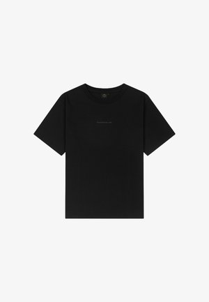 Zwarte katoenen T-shirt met een ronde hals en korte mouwen. Heeft een subtiele tekstlogo op de voorkant in het midden. Zachte textuur, klassieke snit.