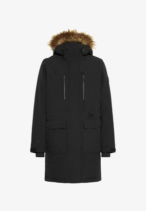 Musta parka-takki, jossa on turkiksilla reunustettu huppu, kaksi etu-taskua vetoketjulla ja kaksi suurempaa etu-taskua läpällä. Valmistettu vettä hylkivästä materiaalista.