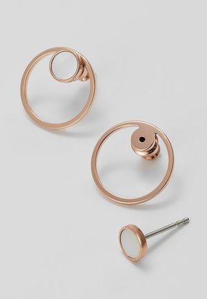Rose gold circular stud earrings with a smaller circular white enamel detail, shown disassembled on a light grey background.
