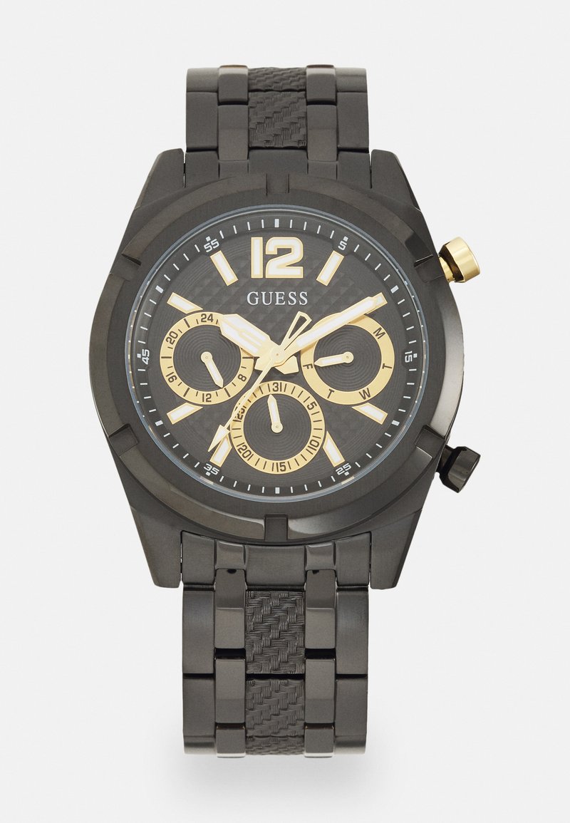 Orologio da polso di metallo nero con dettagli dorati, caratterizzato da un quadrante testurizzato, sottoquadranti cronografici e un design a bracciale con maglie.