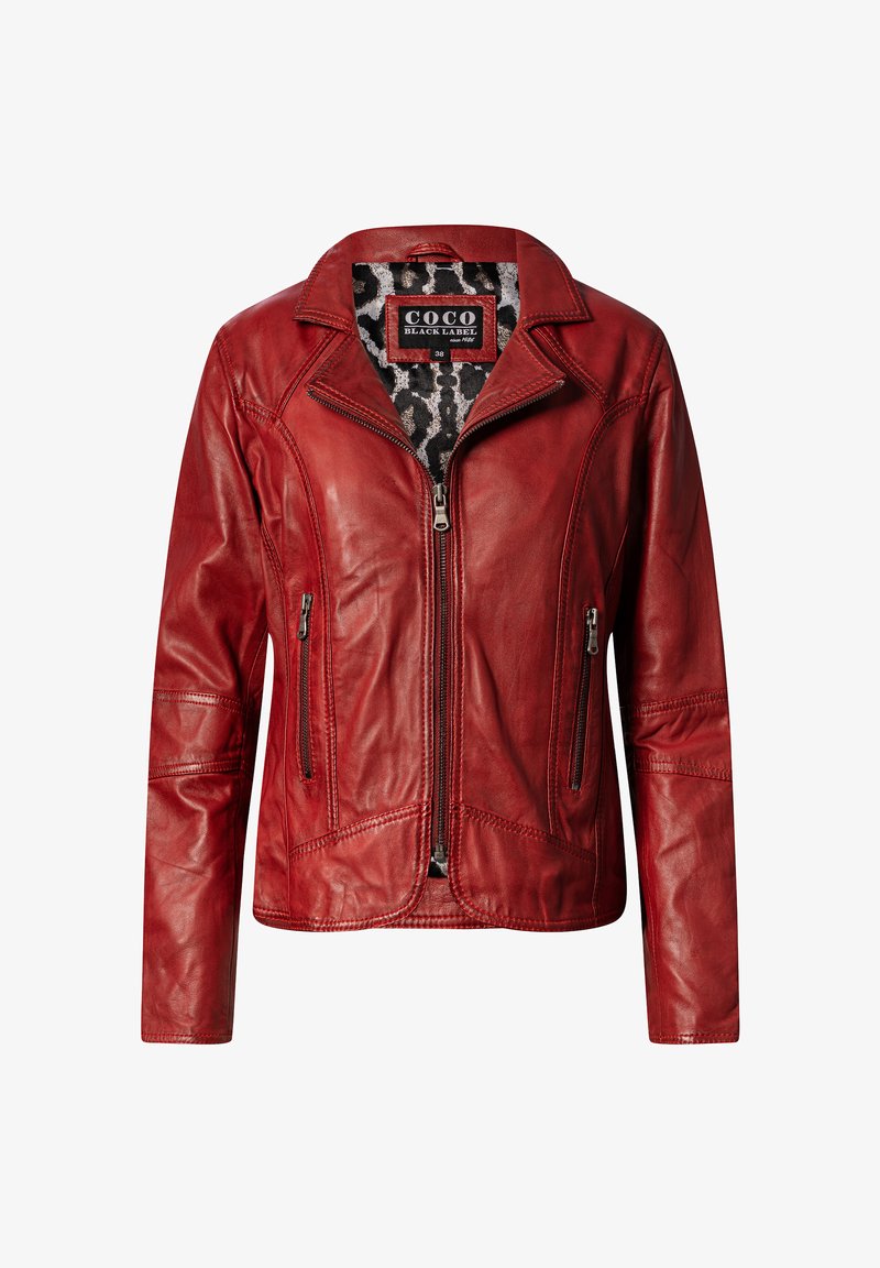 Rote Lederjacke mit strukturiertem Design, Reißverschluss vorne und Taschen sowie einem in der Farbe des Kragens sichtbaren Leopardenmuster-Futter.