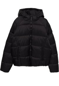 Doudoune noire avec capuche, fermeture éclair à l'avant et deux poches latérales zippées, conçue pour les temps froids.