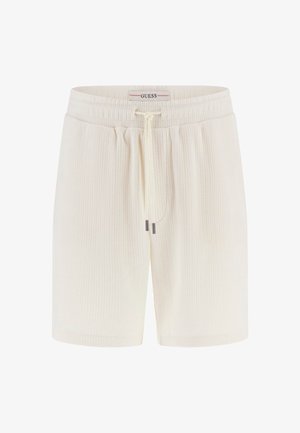 Fehér, strukturált rövidnadrág rugalmas derékkal, húzózsinórral és diszkrét logózással. Simá szövet, szövött mintával.