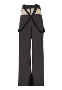 Pantalons d'extérieur noirs avec bretelles réglables, taille beige contrastante et poches latérales fonctionnelles. Présente une coupe ample et un tissu durable.