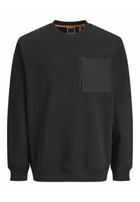 Svart sweatshirt med rund hals och en framficka med lock. Tillverkad av ett mjukt tyg med ribbade muddarna och nedre fållen.