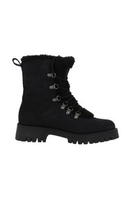 Czarne botki za kostkę z teksturowanym futerkiem z sztucznego włosia, sznurowane z przodu, z metalowymi oczkami w kolorze srebrnym i masywną gumową podeszwą z bieżnikiem.