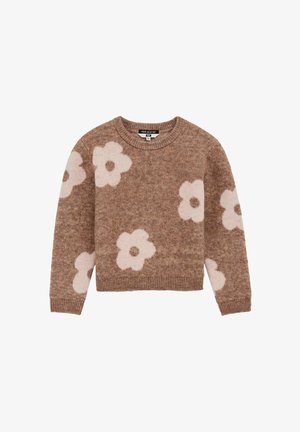 Maglione marrone con una finitura testurizzata, caratterizzato da ampi motivi floreali rosa. Collo rotondo classico e polsini e orlo a coste.