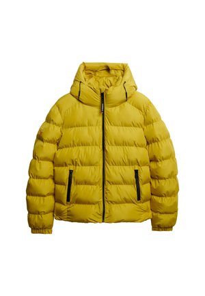 Yellow puffer jacket with a high collar, zippered front closure, two side zipper pockets, and elastic cuffs. Smooth, shiny material.