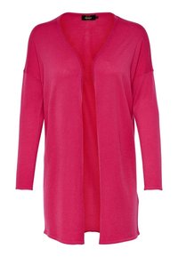 Fuchsia stickad cardigan med V-ringning och öppen framsidesdesign. Långa ärmar och avslappnad passform. Slät textur utan knäppningar.