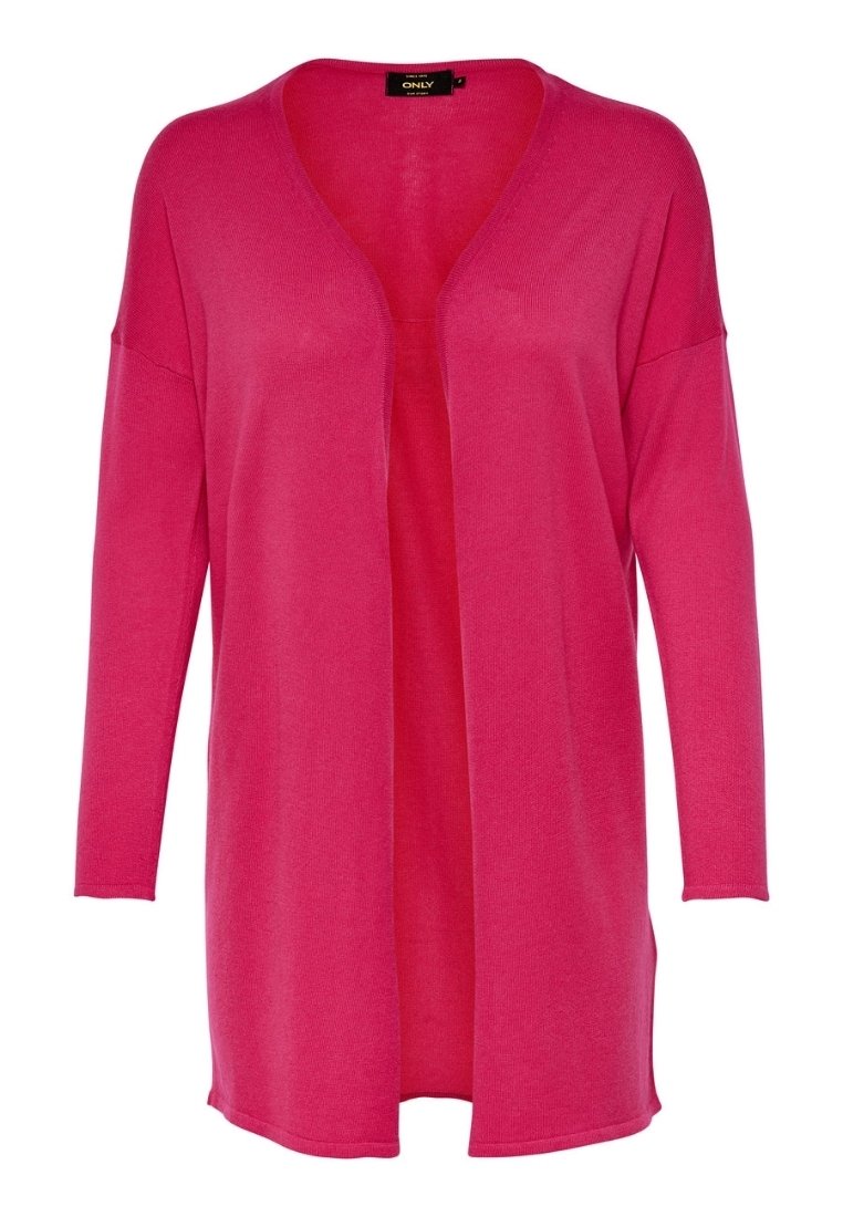 Fuchsia stickad cardigan med V-ringning och öppen framsidesdesign. Långa ärmar och avslappnad passform. Slät textur utan knäppningar.