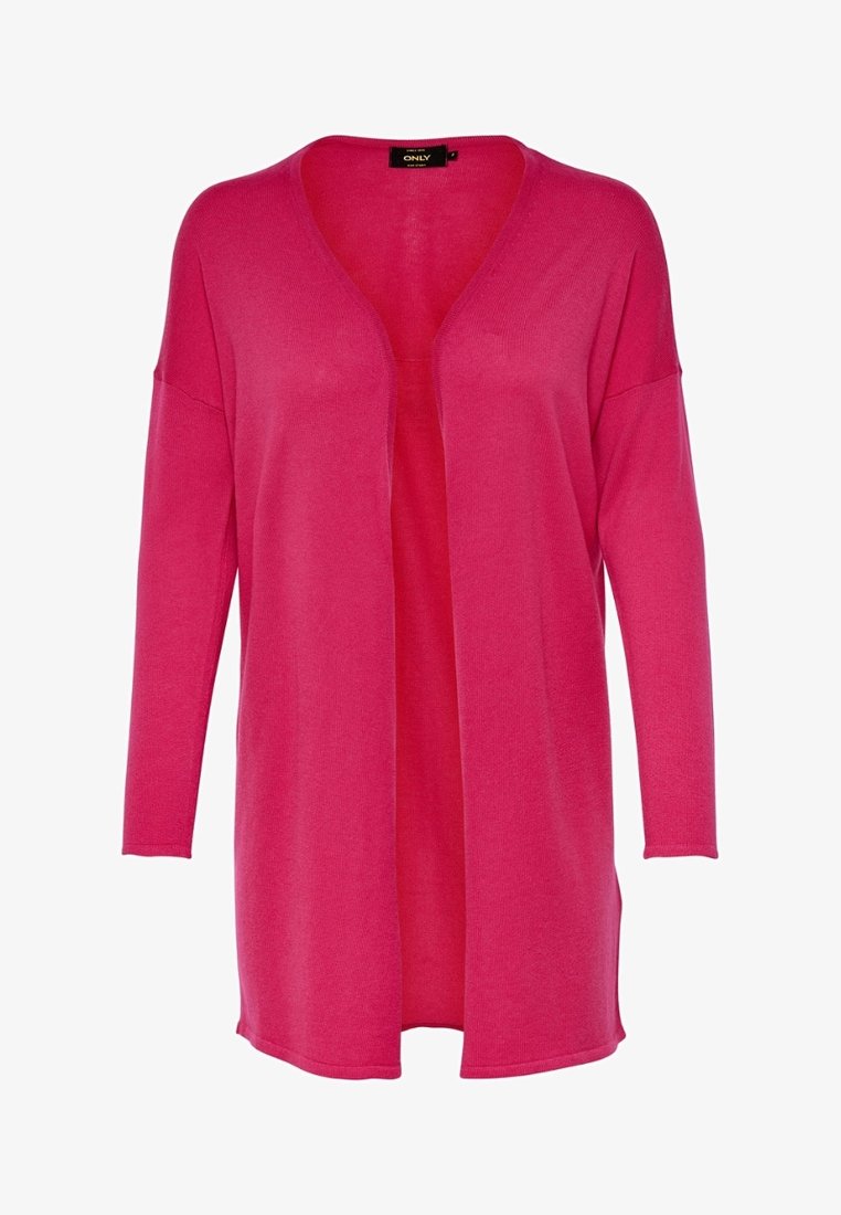 Fuchsiový pletený kardigan s výstřihem do V a otevřeným předním designem. Dlouhé rukávy a uvolněný střih. Hladká textura bez zapínání.