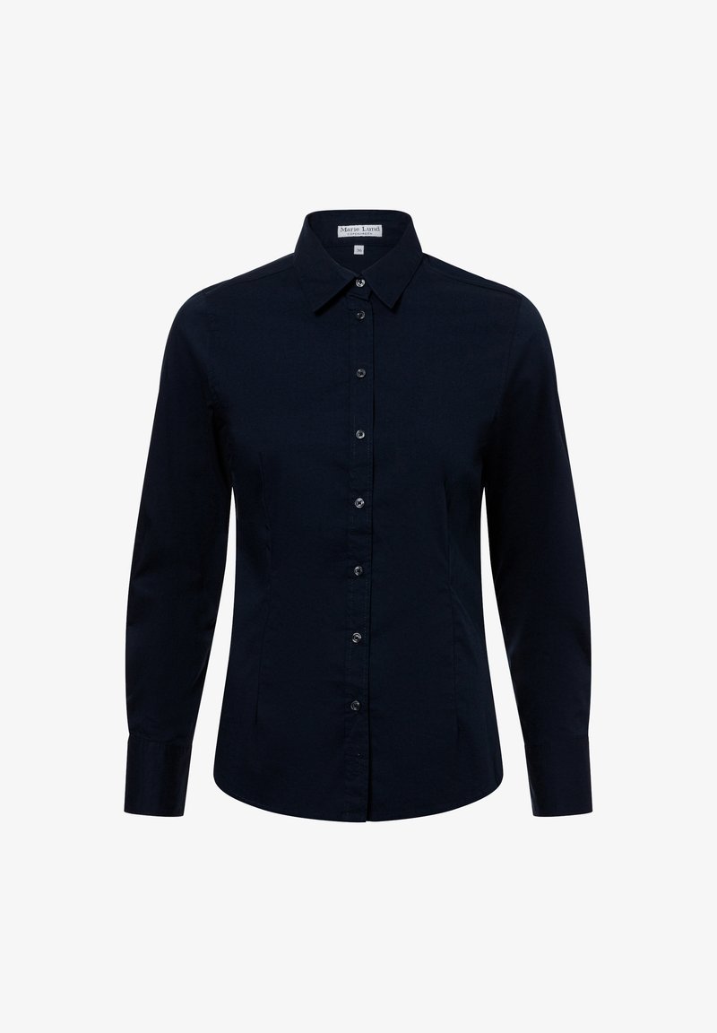 Granatowa koszula z długim rękawem, z jednolitego materiału, z button-up z przodu, z wyodrębnionym kołnierzykiem, dopasowany kształt, jedna kieszeń na piersi, minimalistyczny design.