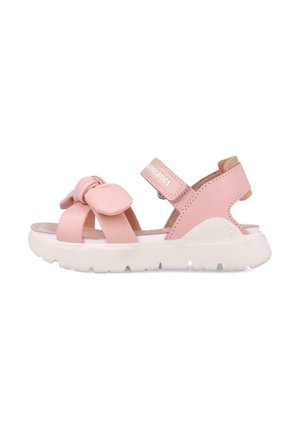 Sandalias de cuero rosa con detalle de lazo, correa ajustable, suela de goma blanca y plantilla acolchada. Diseño de puntera redonda y talón recortado.