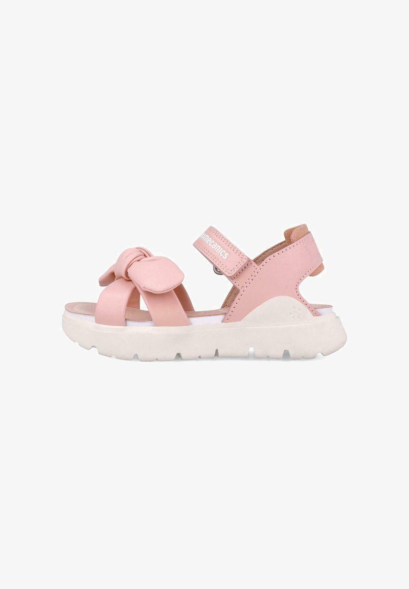 Sandalias de cuero rosa con detalle de lazo, correa ajustable, suela de goma blanca y plantilla acolchada. Diseño de puntera redonda y talón recortado.