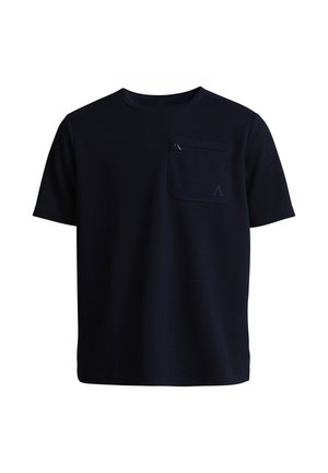 T-shirt noir à manches courtes avec col rond, en tissu texturé, avec une petite poche poitrine zippée sur le côté gauche.