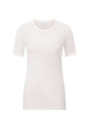 T-shirt blanc à manches courtes en coton doux, avec un col rond et une texture lisse sans motifs ni accents visibles.