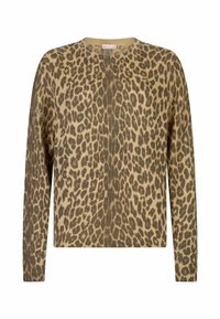 Maglione con stampa leopardata realizzato in morbido materiale, con maniche lunghe e scollo rotondo. I colori principali sono beige e marrone con un motivo strutturato.
