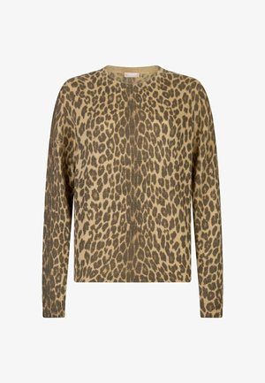 Leopardprint trui van zacht materiaal, met lange mouwen en een ronde halslijn. De hoofdkleuren zijn beige en bruin met een gestructureerd patroon.
