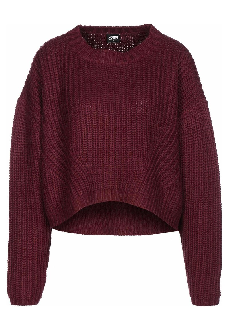 Bordeaux gebreide trui met een cropped ontwerp, brede mouwen en een textuurpatroon. Ronde halslijn met ribgebreide randen.