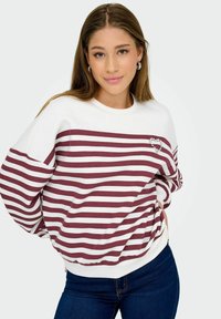 Bílý a vínový pruhovaný sweatshirt s kulatým výstřihem a zdobeným detailem srdce na hrudi. Dlouhé rukávy a volný střih.