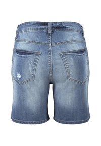 Jeans shorts in una tonalità di blu sbiadito, caratterizzati da cinque tasche, lievi segni di usura e un orlo standard all'altezza della coscia.