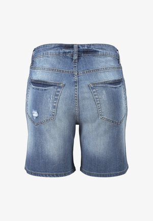 Shorts de mezclilla en un tono azul desgastado, con cinco bolsillos, un ligero desgastado y un dobladillo estándar a la altura media del muslo.