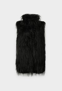 Colete de pêlo sintético preto com gola alta e textura longa e desgrenhada. Corte reto e sem fechos visíveis. Design simples e moderno.