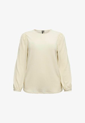 Cream-colored long-sleeve top with a round neck, textured fabric, and gathered puff sleeves. Features a relaxed fit and ribbed details.