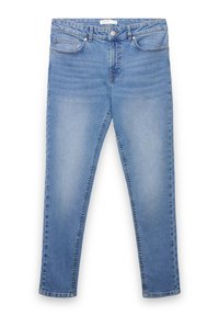 Pantaloni in denim blu con vestibilità slim, dotati di cinque tasche, chiusura con bottone in metallo e dettagli di leggero scolorimento sul tessuto.