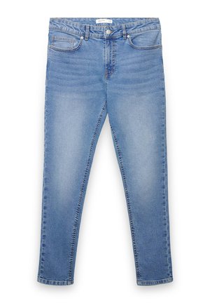 Pantaloni in denim blu con vestibilità slim, dotati di cinque tasche, chiusura con bottone in metallo e dettagli di leggero scolorimento sul tessuto.