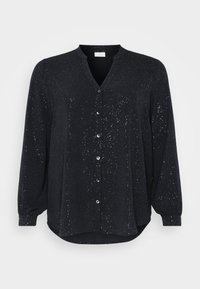 Zwarte lange mouwen shirt met een V-hals, voorzien van zilveren spetters, een knoopsluiting aan de voorkant en een gebogen zoom, gemaakt van zachte stof.