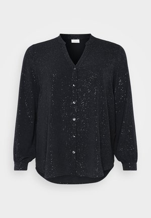 Tricou lung cu mâneci negre, cu decolteu în V, cu steluțe argintii, cu închidere frontală cu nasturi și hem curbat, realizat dintr-un material moale.