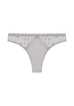 Perizoma grigio con ricami floreali in argento lungo l'elastico in vita e pannello frontale triangolare, realizzato in tessuto leggero e trasparente.