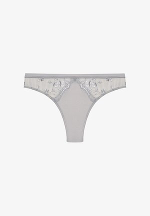 Tanga gris con bordado floral plateado a lo largo de la cinturilla y panel frontal triangular, hecho de una tela ligera y transparente.
