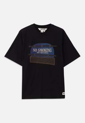 Black cotton t-shirt with short sleeves, featuring a graphic design that includes "NO SMOKING" and "NO KISSING" text in blue and white accents.