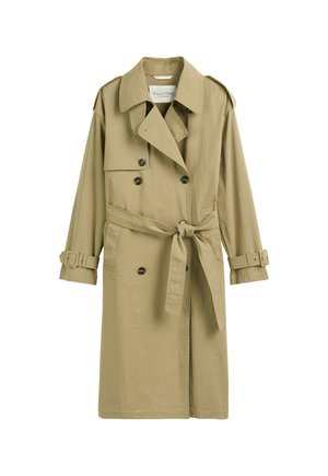 Trench-coat beige à double boutonnage avec col large, épaulettes, ceinture à la taille et poignets à boucle.