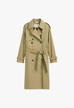 Trench-coat beige à double boutonnage avec col large, épaulettes, ceinture à la taille et poignets à boucle.