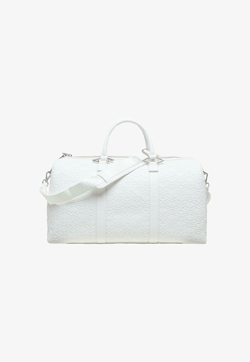 White duffle bag with quilted diamond pattern, dual handles, and adjustable shoulder strap. Silver hardware accents on zippers.