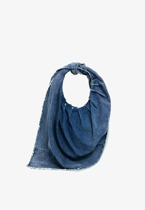 Blue denim shoulder bag with a circular handle, gathered fabric detail, and frayed edges, featuring embroidered brand text.