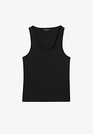 Czarny bezrękawnik prążkowany z okrągłym dekoltem i metką Massimo Dutti na tylnej części kołnierza.