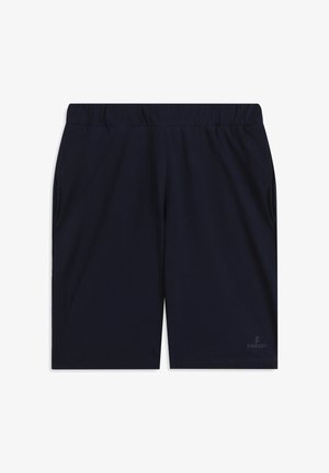 Pantaloncini sportivi blu navy con vita elasticizzata, due tasche laterali e un dettaglio logo discreto vicino all'orlo. Tessuto morbido e liscio.