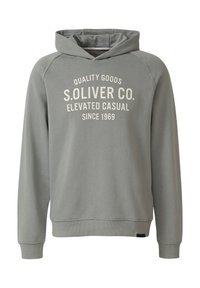 Grauer Kapuzenpullover mit einem Logo vorne mit Text, gerippten Bündchen und Saum sowie weicher Textur. Einfaches, lässiges Design für den Alltag.